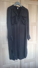 H&M Black Satin Kaftan Shirt Dress Collared M Medium