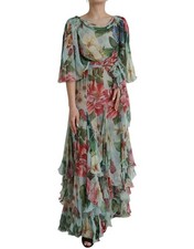 Dolce & Gabbana Blue Floral Print Tiered Long Maxi Women's Dress