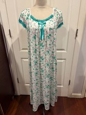 Women Short Sleeve White Nightgown Green Floral Front Lace Sz L 47"L x 24"W