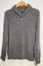 J CREW Lambs Wool Mens M Shawl Collar 1/4 Button Pullover Sweater Gray Tweed