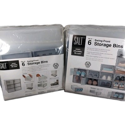 Lot Of 2 SWING FRONT STORAGE BINS - CLEAR -Adjustable, Stackable, Modular System