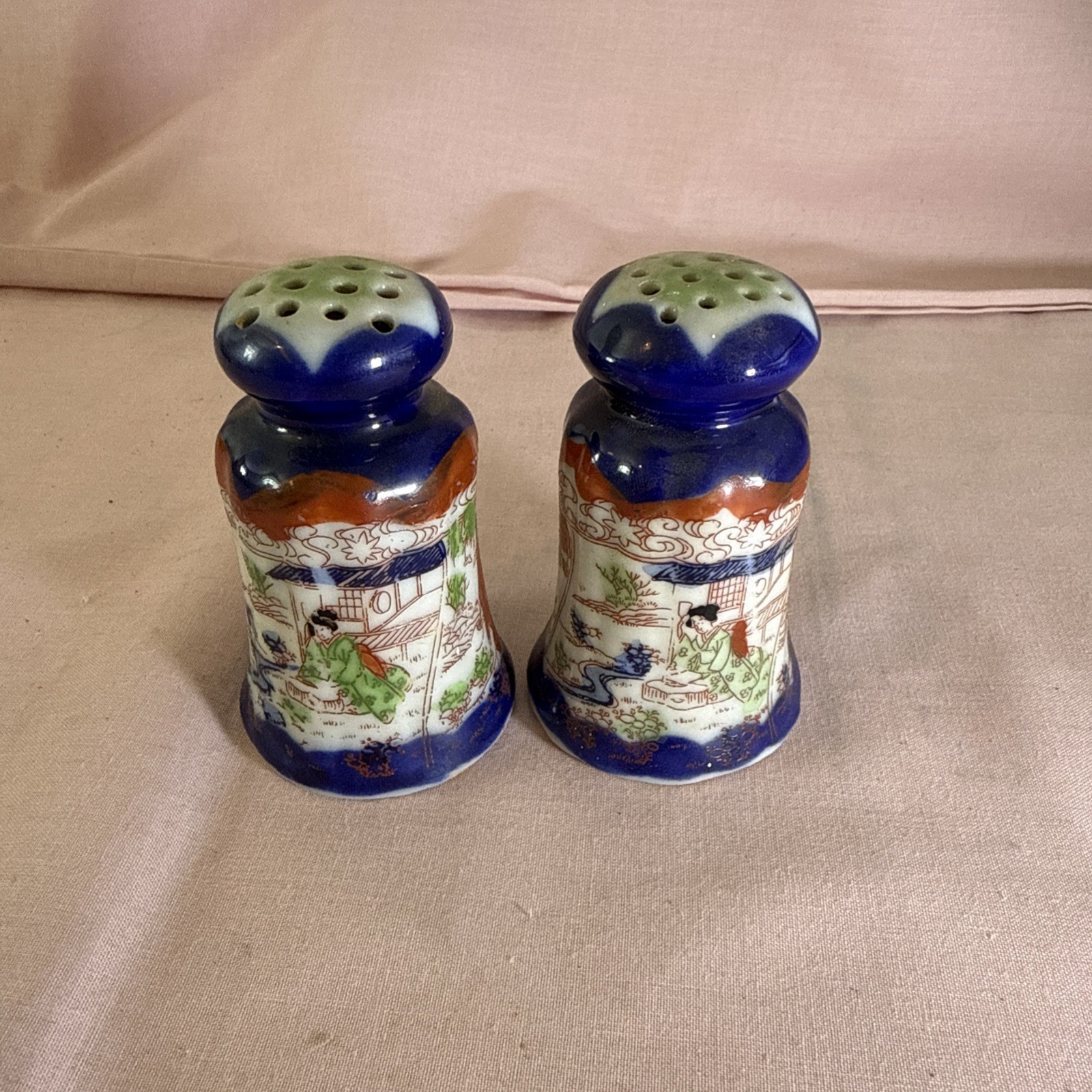 Antique Hand Painted Oriental Salt & Pepper Shakers Porcelain 3.25” Tall