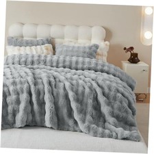 Fluffy Faux Fur Comforter Set, Plush Fuzzy Minky Bedding Set 3 King Light Grey