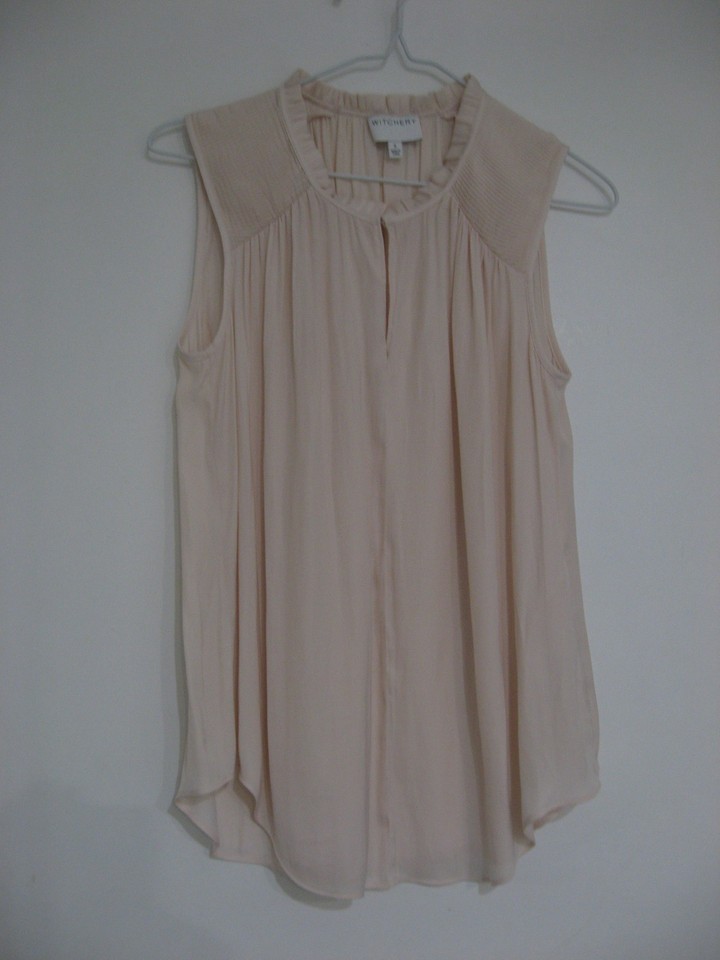 WITCHERY PALE PINK SLEEVELESS TOP WITH FRILL NECK+PLEATED DETAIL SIZE 6