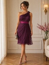Adrianna Papell Plum One Shoulder Chiffon Dress Layered Petal Skirt Size 8