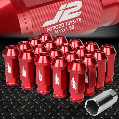 J2 ENGINEERING 7075 ALUMINUM M12X1.5 20PC 50MM OPEN-END LUG NUT W/ADAPTER RED