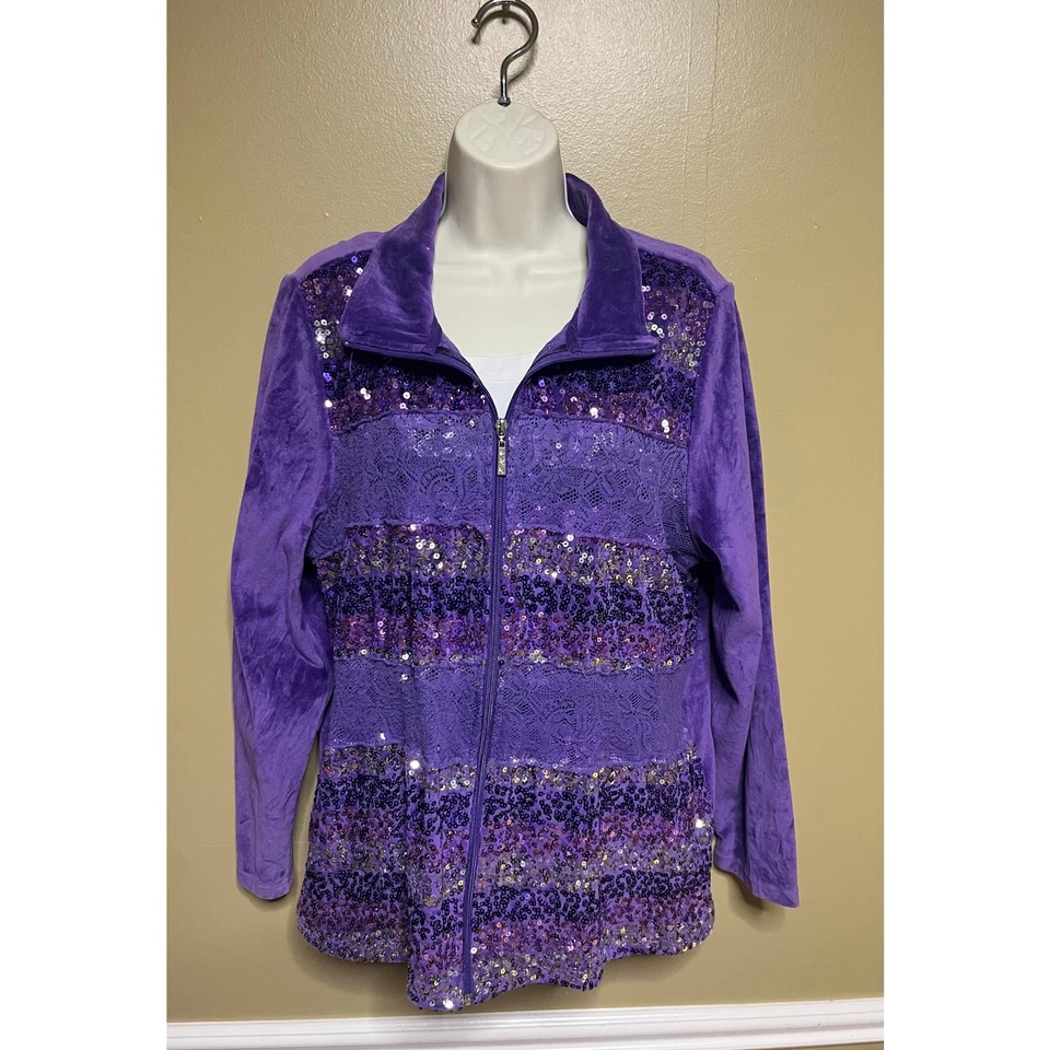 Quacker Factory Purple Velour Striped Sequin jacket - Image 2 of 4