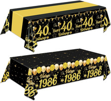 40Th Birthday Tablecloth, Black and Gold Happy 40Th Birthday Decorations Disposa