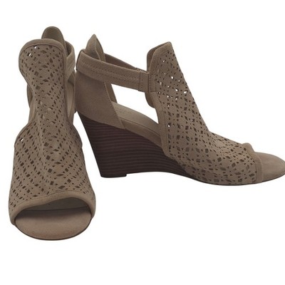 Cole Haan 8.5 Suede Peep Toe Wedge Sandals Tan Cutout Leather Upper Comfort Heel