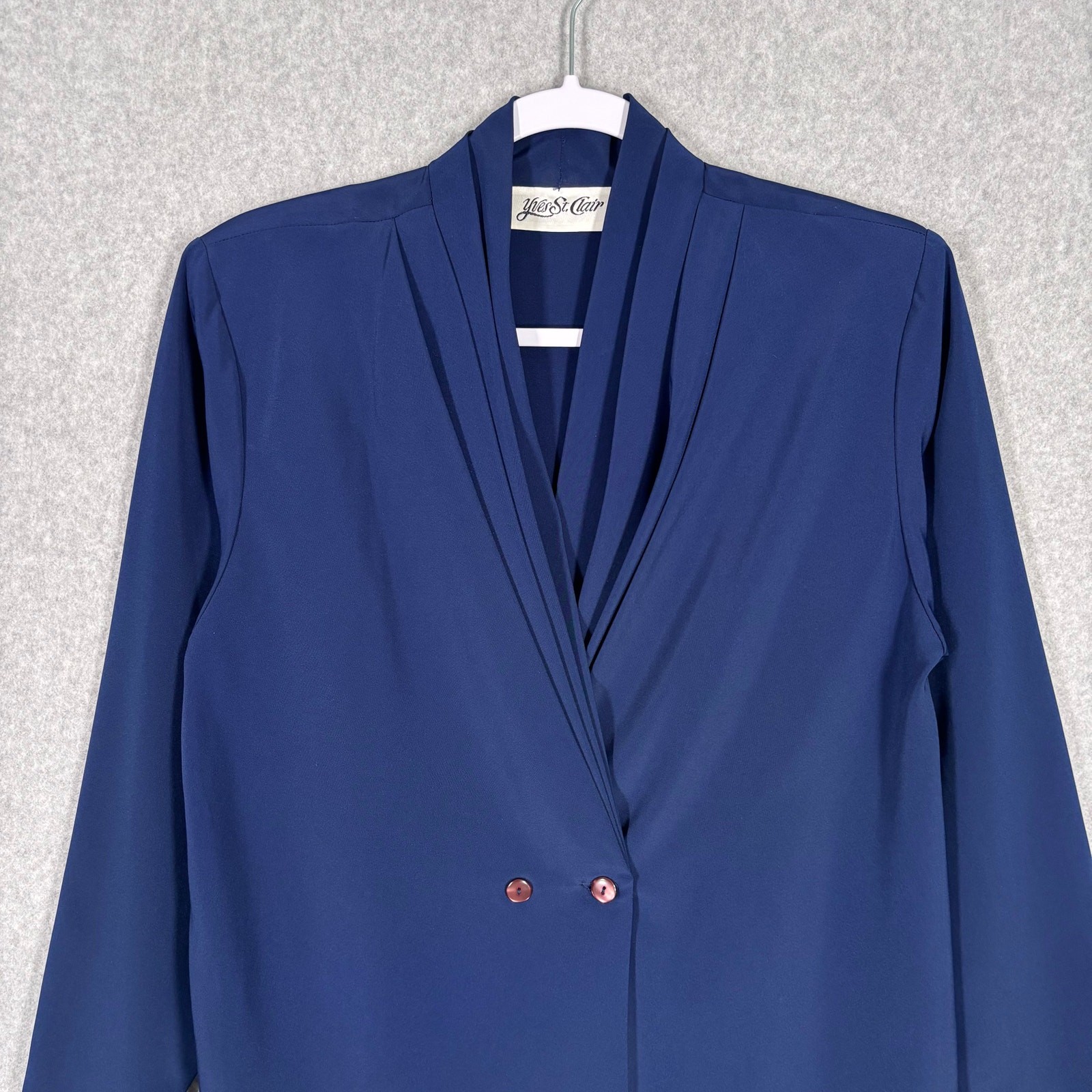 SAINT LAURENT Top Yves St Clair vintage anni 90 piccolo blu navy avvolgente drappeggio glam tuta tranquilla carriera chiesa