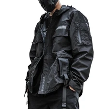 Men's Black Streetwear Hooded Jacket Windbreaker Cyberpunk Tactical Bomber