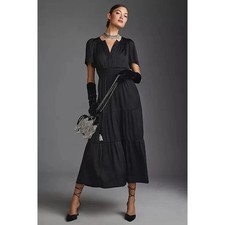 Anthropologie Dress Womens Extra Small Somerset Maxi Satin Tiered Black