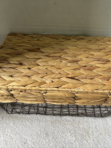 Cesto portaoggetti vintage da raccolta coperchio in rafia intrecciato, cerniere in pelle bello!! - Foto 2 di 12