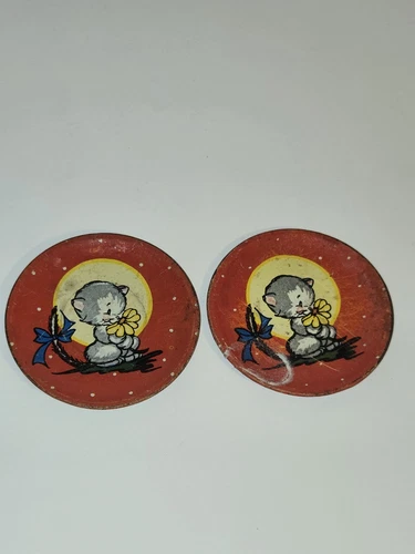 2 vintage Tin Litho Ohio Art Toy 2.5" Plates Kittens, She loves me. cute cat