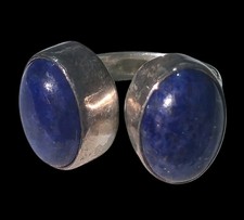 Vintage 925 Sterling Silver Bypass Ring Natural Lapis Lazuli Cabochons - Size 7