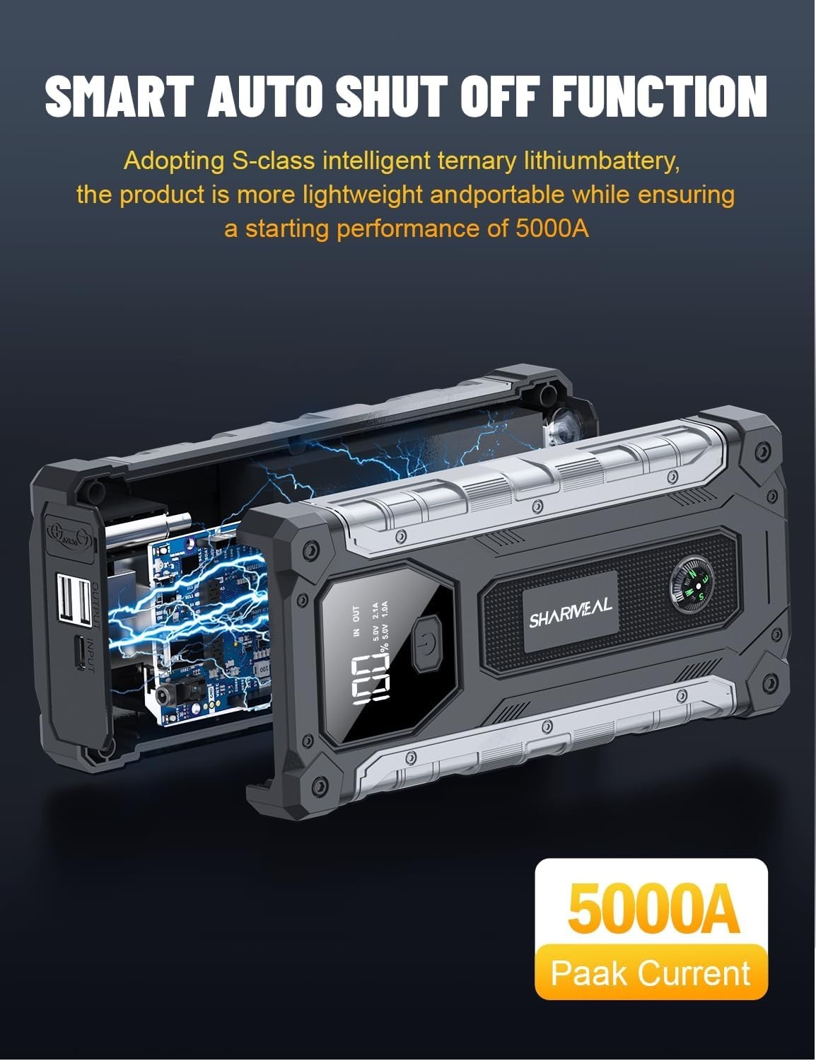 5000A Car Jump Starter with 400-Lumen LED, Portable Power Bank for All Vehicles
