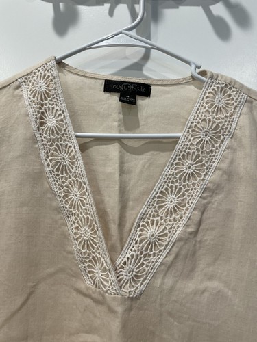 August Silk Women Medium 100% Linen Cream Boho V-Neck High Low Tunic Top Shirt - Picture 3 of 8