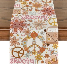 Hippie Daisy Flower Peace and Love Table Runner, Wreath Float Groovy Kitchen Din