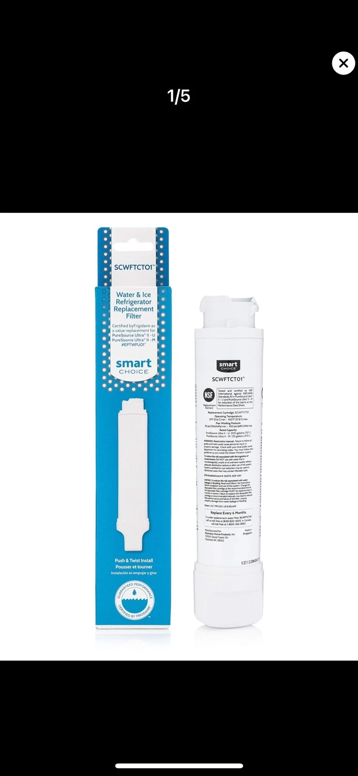 1PK Smart Choice SCWFTCTO1 EPTWFU01 EWF02 Refrigerator Water Filter Replacement
Opens in a new windo