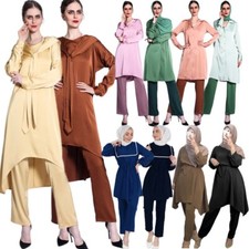 2Piece Muslim Women Set Dubai Turkey Long Sleeve Tops Pants Abaya Caftan Ramadan