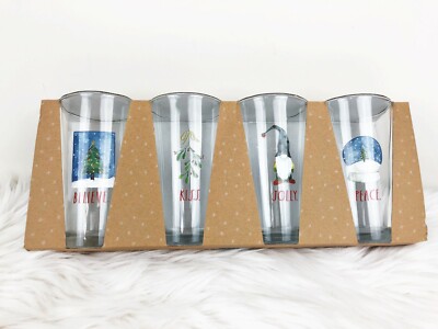New Lot of 4 RAE DUNN Christmas Holiday Pint Glass Believe Kiss Jolly Peace