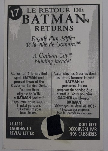 1992 ZELLERS BATMAN RETURNS SINGLE TRADING CARD #17  A Gotham City building  - Picture 2 of 2