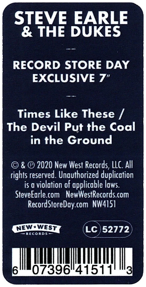 Steve Earle & The Dukes Times Like These New & Sealed Vinyl 45 - Image 3 of 4