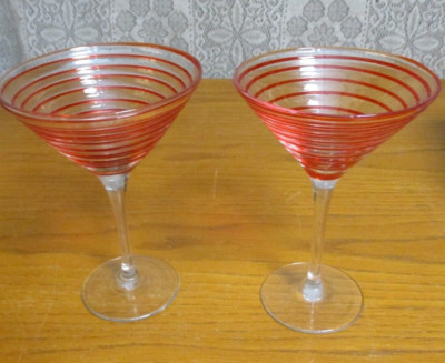 2 Red Swirline Martini Cosmopolitan Glasses - 7 1/8'' tall