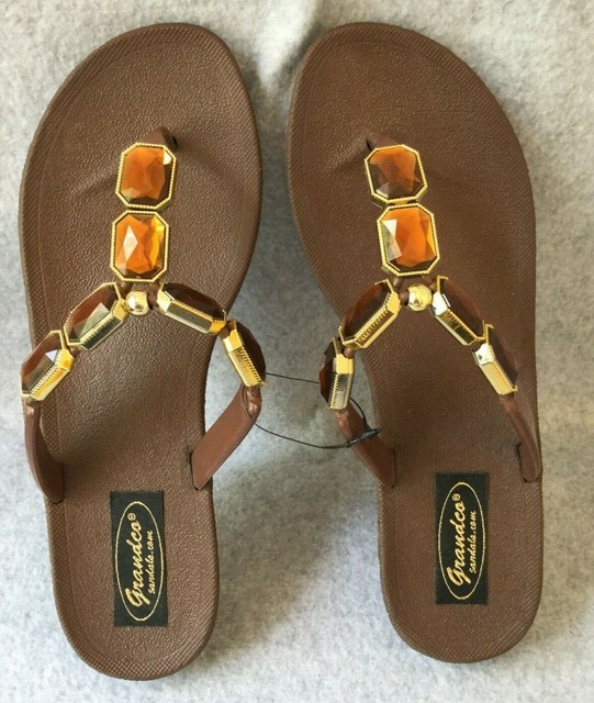 Grandco Flip Flop Thong Sandals Women 7 Brown & Gold w Large Amber Gemstones EUC | eBay