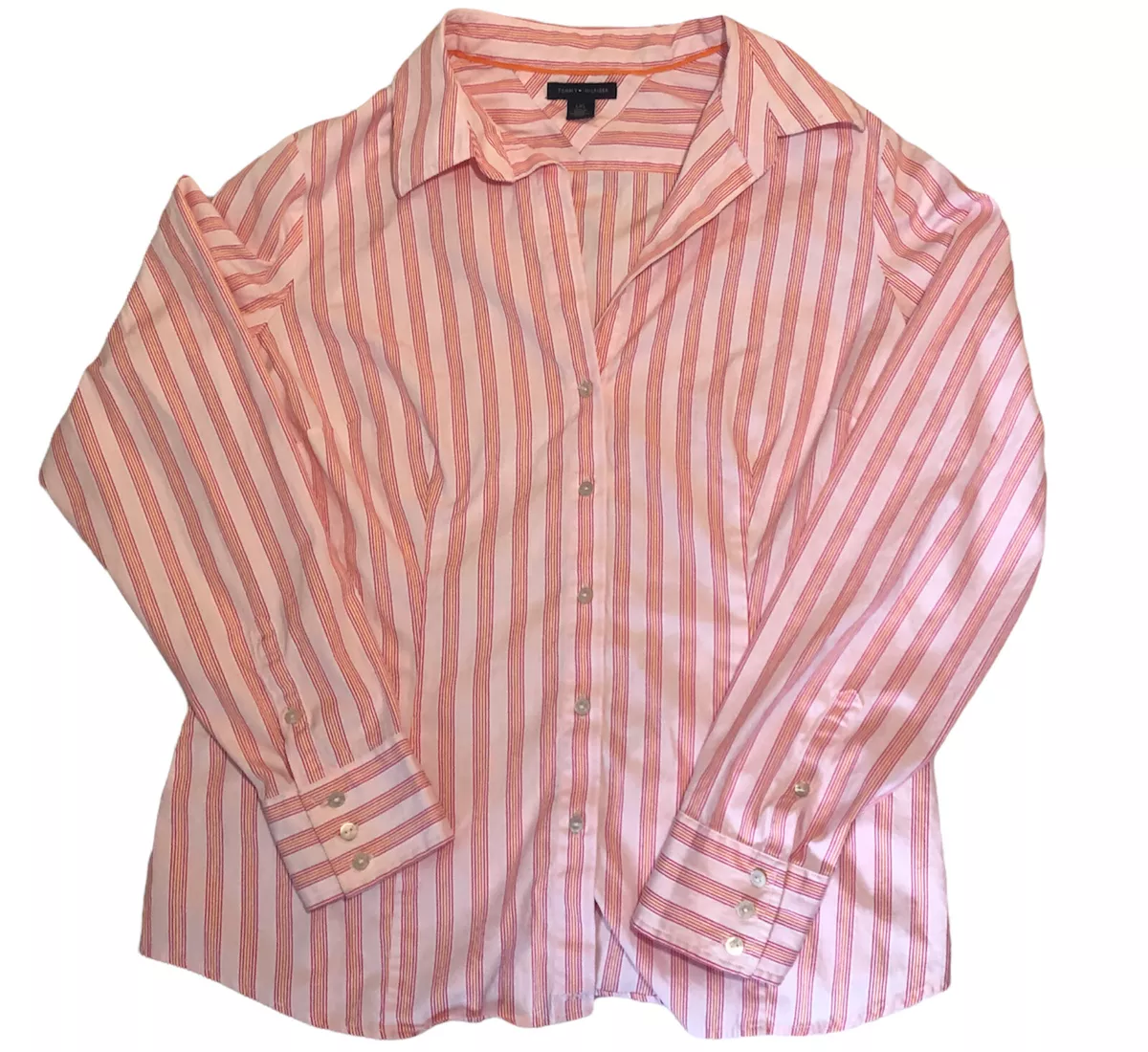 Tommy Hilfiger Women Size L Large Peach Striped Button Up Long Sleeve Top  Shirt