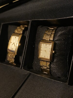 Men & Women s Citizen Gold  PVD Plated Tank Watch Set, NEW Batteries RARE