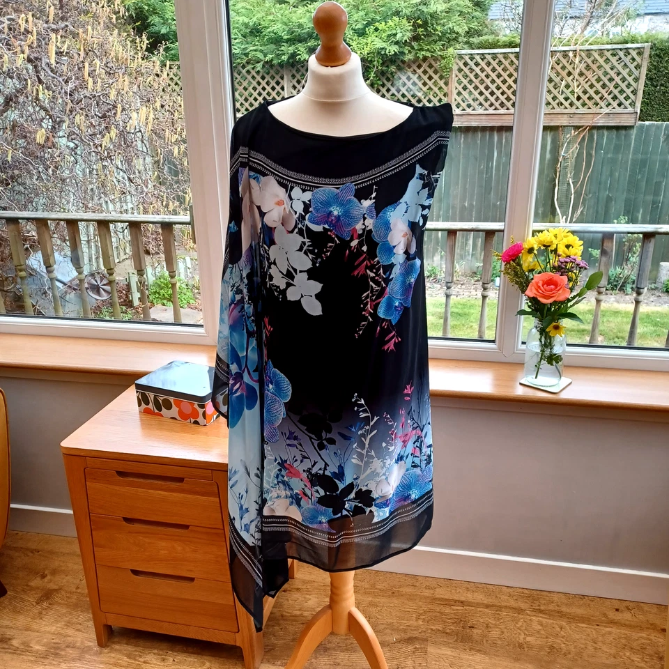 Lipsy Black Blue Floral Chiffon Asymmetric Dress 14 Floaty Scarf One Sleeve - Image 2 of 4