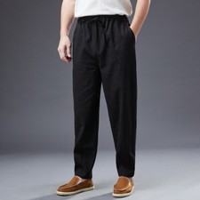 Mens Chinese Style Casual Haren Pants Solid Color Loose Cotton Linen Bloomers