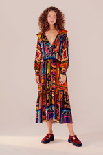 Farm Rio Patchwork Tapestry Ankle Dress S Ruffle Neck Tiered Red Maxi Colorful