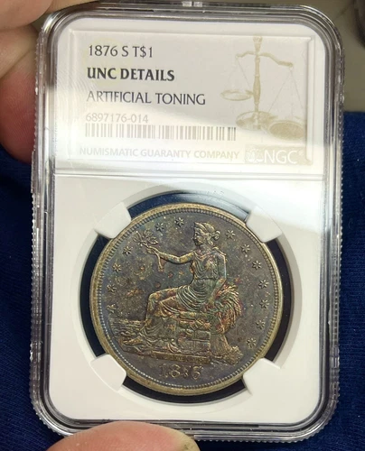 1876-S TRADE DOLLAR $ GREAT COLOR NGC ARTIFICAL TONING! LOOKS NATURAL !
