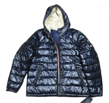 Tommy Hilfiger Men's Navy Pearlized Sherpa Lined Hooded Puffer Jacket $225