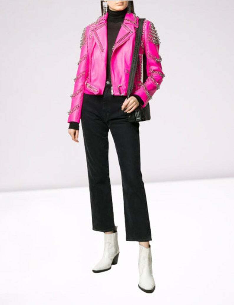Handmade women pink punk style jacket, leather gothic rivet