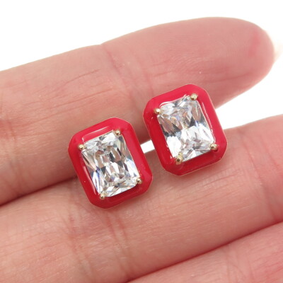 Ohrstecker 925 Sterling Silber vergoldet Radiant-Cut Form C Z rot Emaille