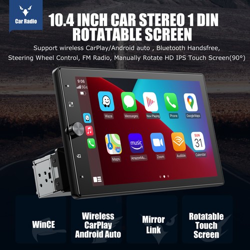 10.4'' Rotatable Single 1 Din Wireless CarPlay/Android Auto Car Stereo Radio USB - Picture 2 of 14
