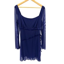 Whimsigoth Dark Navy Blue Mesh Mini Dress Long Sleeve Asymmetric Velvet Ribbon
