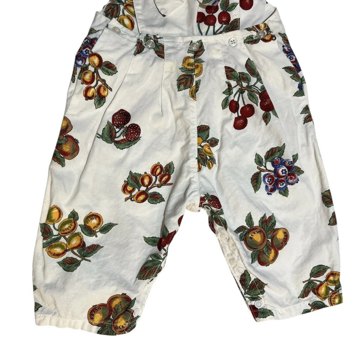 Vintage Guess Baby Fruit Print Overalls Romper Size 9M Bow Unisex Kids Outfit image 5