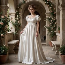 Womens White Regency Era Gown Puff Sleeve Satin Vintage Renaissance Party Dress