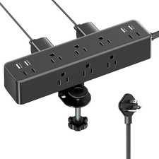 Flat Plug Desk Clamp Power Strip 10FT, 24W Total Charging Black