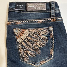 Grace in LA Women Bootcut Jeans Size 31 Dark Wash Embroidered Back Pocket New