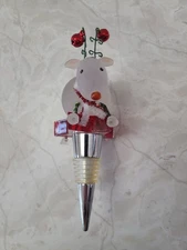 Christmas Silver Toned Wine Stopper With Reindeer Red Green Bells