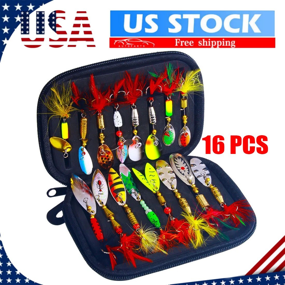 16PCS Lot Fishing Lures Bait Metal Crankbait Blade Spinner Bait Spoon Bag Kit US