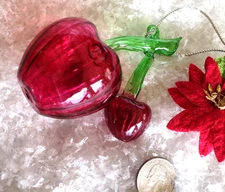Christmas Ornament PAIR OF CHERRIES Handblown GLASS 4" w/ Cord Hanger