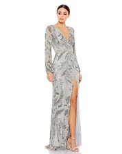 Mac Duggal 5442 PLATINUM SIZE 6 Embellished Bell Sleeve Tiered V-Neck Gown NWT