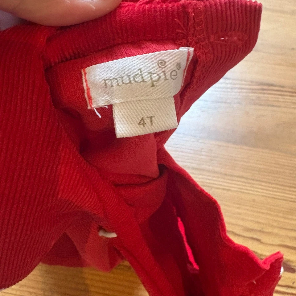 Mud Pie 红色灯芯绒短袖领女孩连衣裙 4T 码 — 第 3/4 张图片