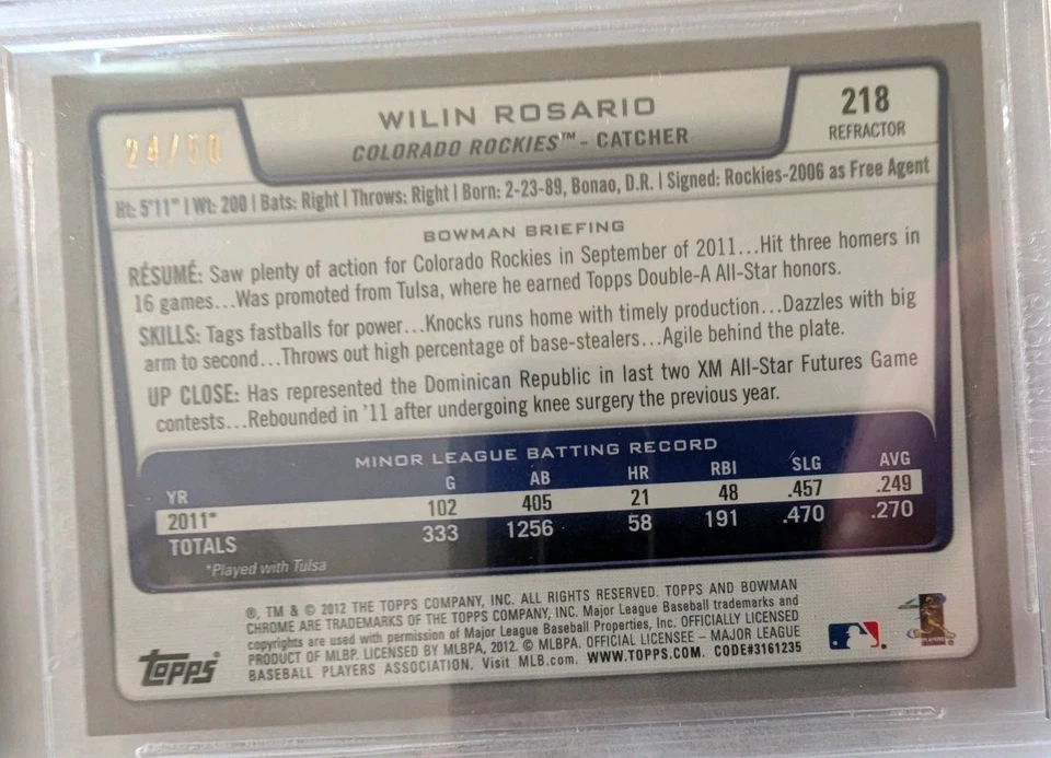 Bowman 2012 cromo #218 Wilin Rosario radiocontrol automático/50 BGS 9 W 10 sig refractor de oro Foto 4 de 4